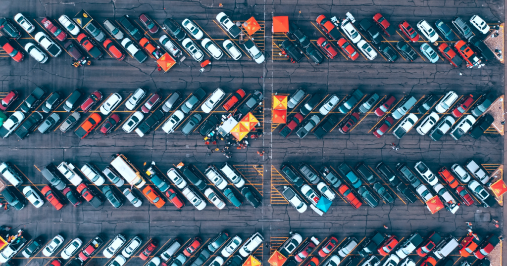 Crowded parking lot with barely any empty spots left