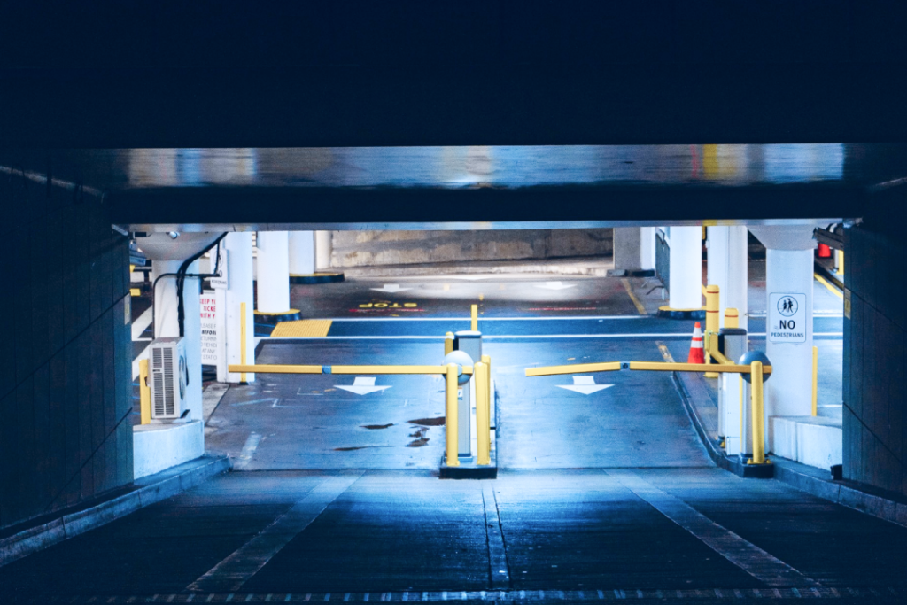 The ramp in front of the empty underground parking lot